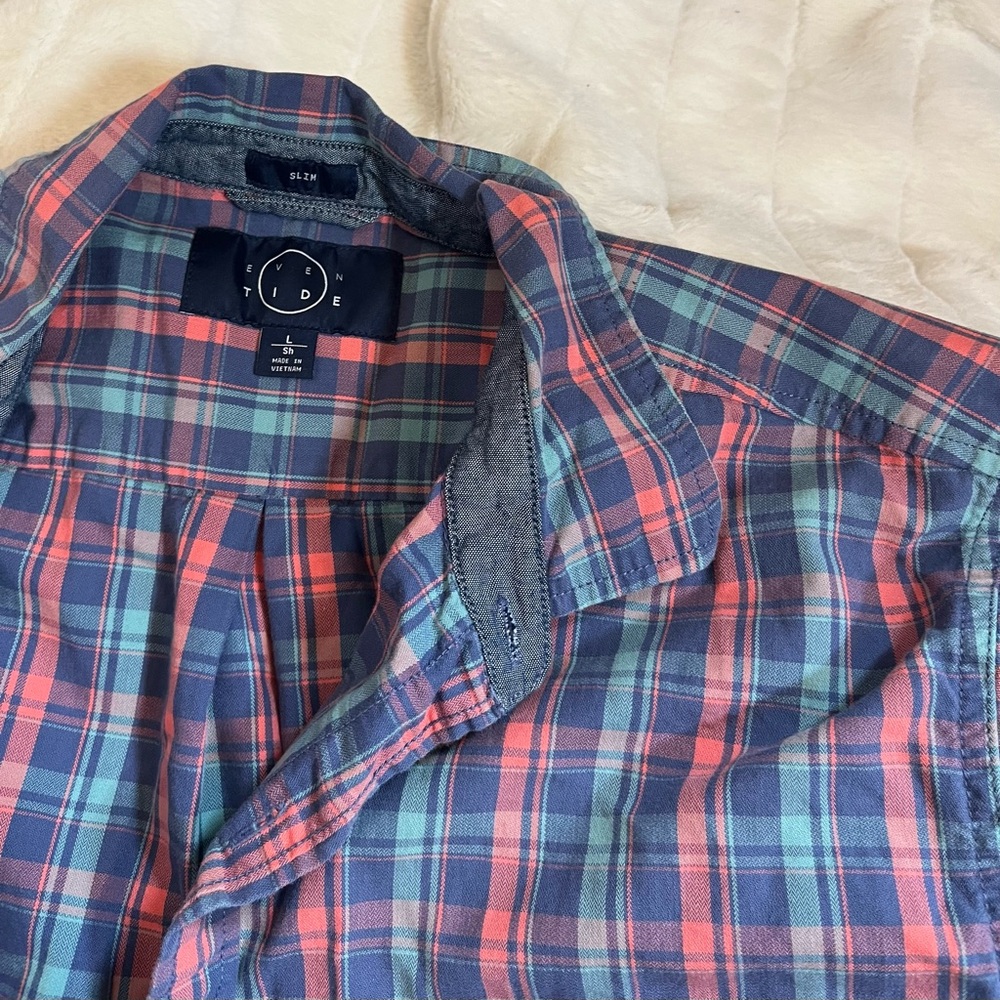 Even Tide Mens M/L Pink Blue Plaid Casual Summer Button Shirt Travel Preppy City